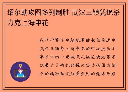 绍尔助攻图多列制胜 武汉三镇凭绝杀力克上海申花 绍尔助攻图多列制胜 武汉三镇凭绝杀力克上海申花
